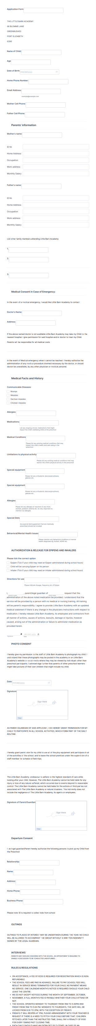 Preschool Application Form Template