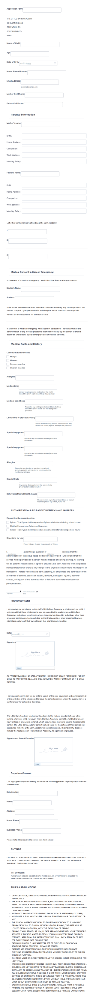 Preschool Application Form Template