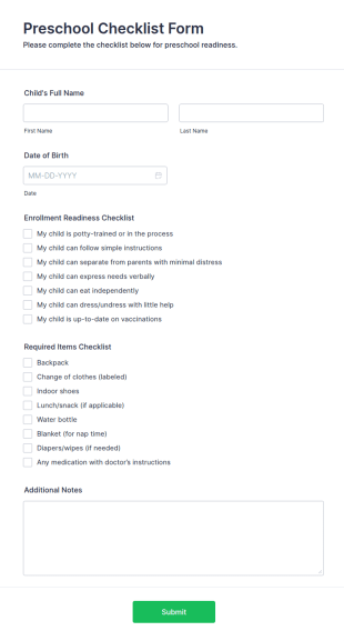 Preschool Checklist Form Template