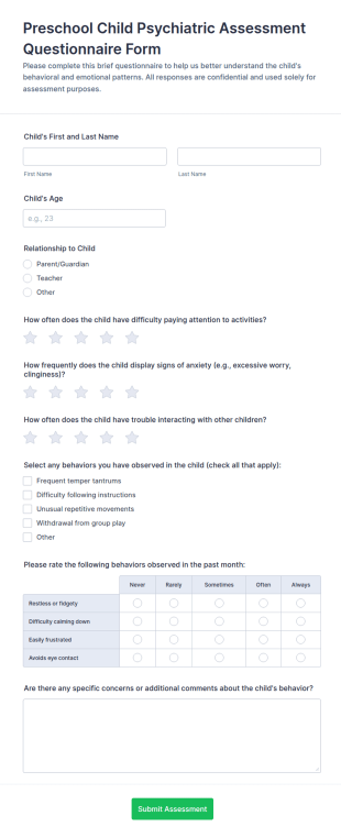 Preschool Child Psychiatric Assessment Questionnaire Form Template
