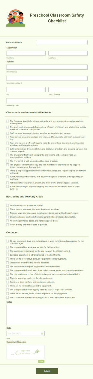 Preschool Classroom Safety Checklist Form Template