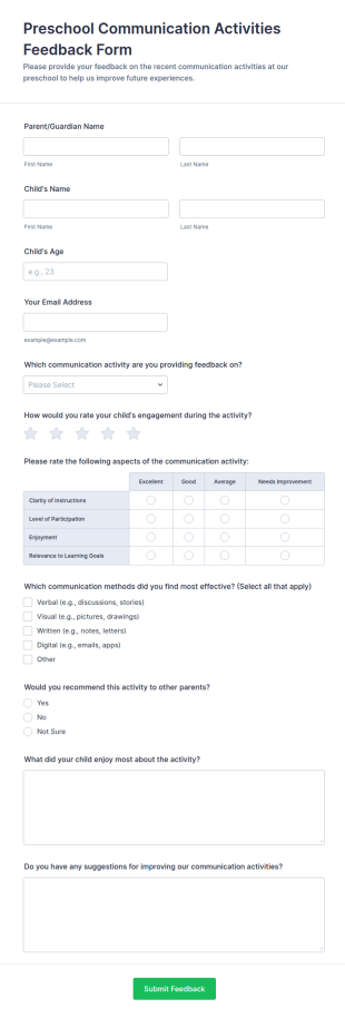 Preschool Communication Activities Feedback Form Template