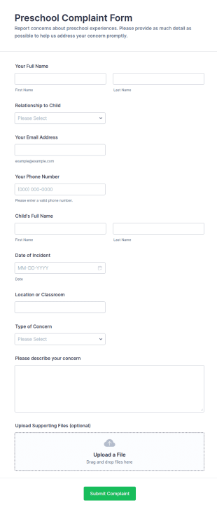 Preschool Complaint Form Template