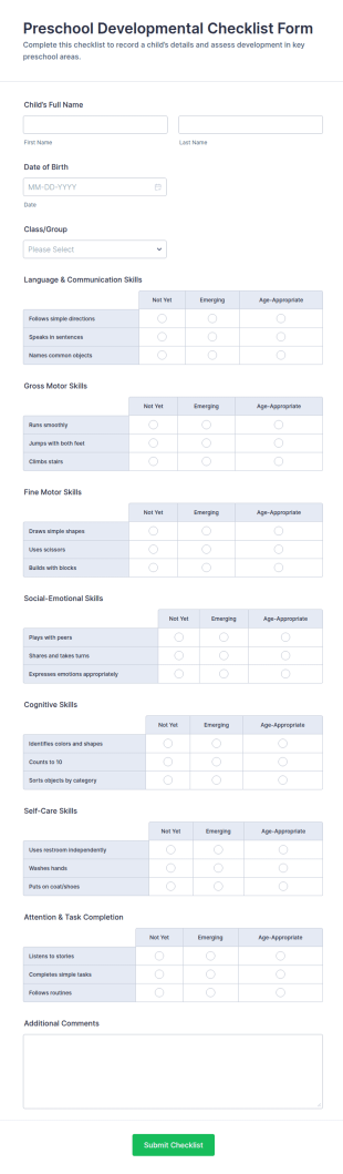 Preschool Developmental Checklist Form Template