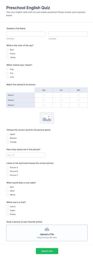 Preschool English Quiz Form Template