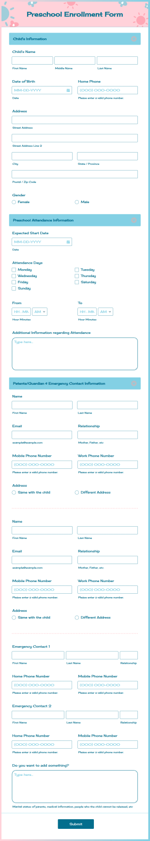 Preschool Enrollment Form Template