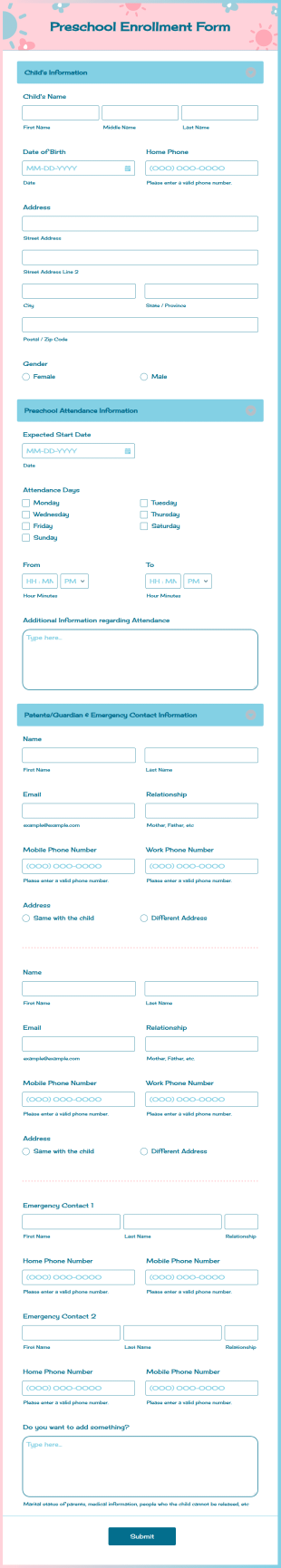 Preschool Enrollment Form Template