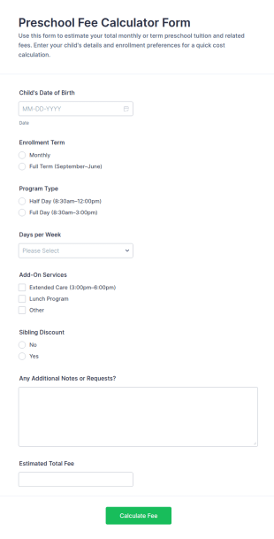 Preschool Fee Calculator Form Template