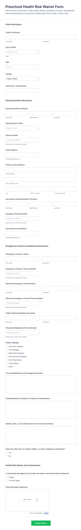 Preschool Health Risk Waiver Form Template