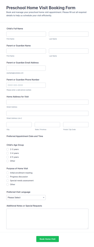 Preschool Home Visit Booking Form Template