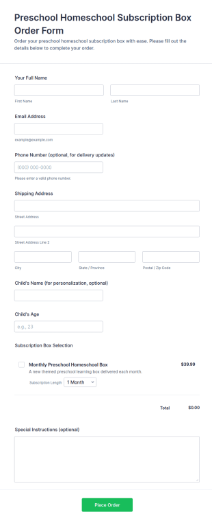 Preschool Homeschool Subscription Box Order Form Template
