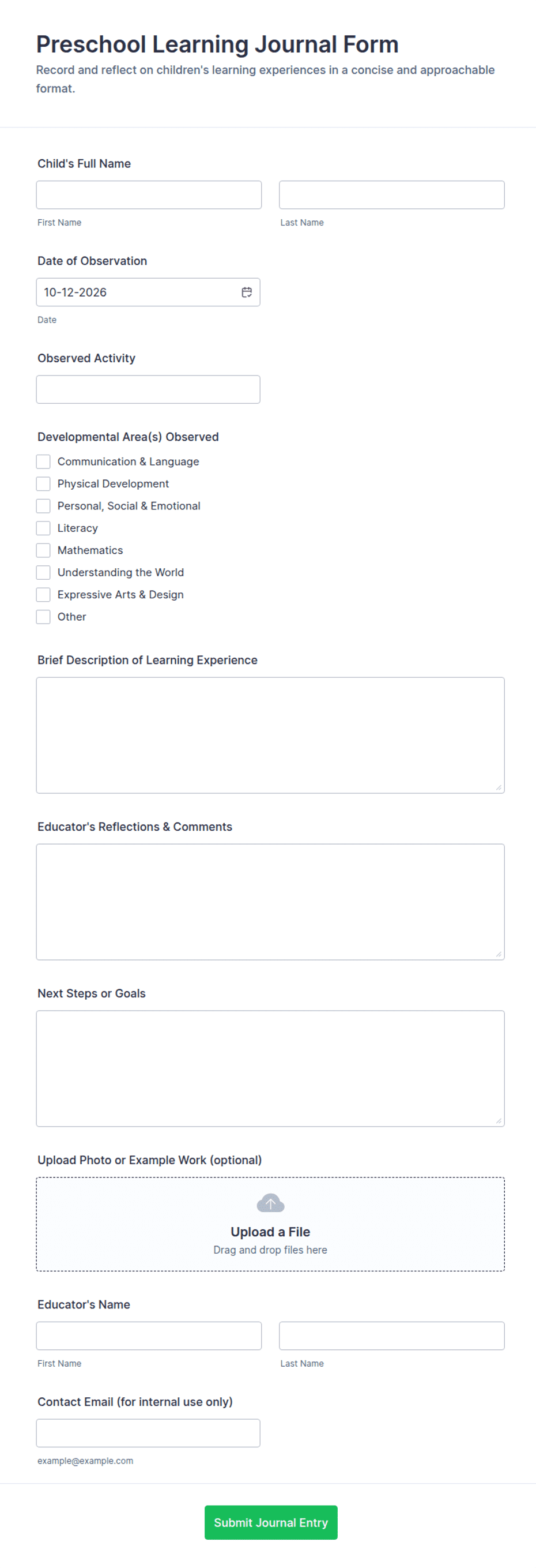 Preschool Learning Journal Form Template | Jotform