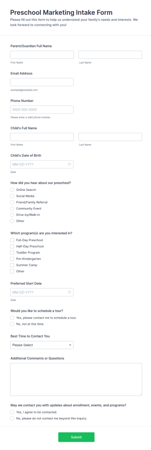 Preschool Marketing Intake Form Template