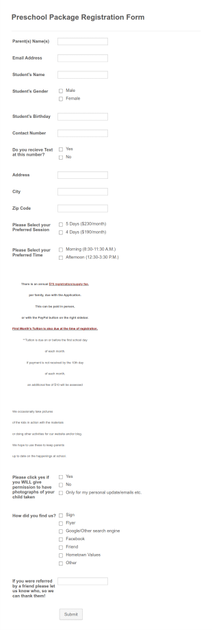 Preschool Package Registration Form Template