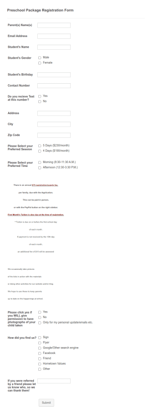 Preschool Package Registration Form Template