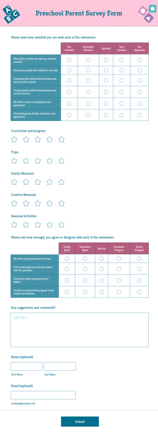 Preschool Parent Survey Form Template