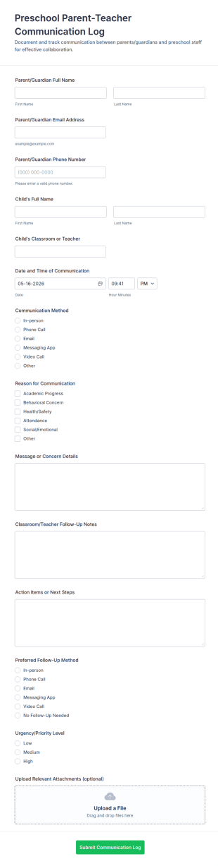 Preschool Parent Teacher Communication Log Form Template