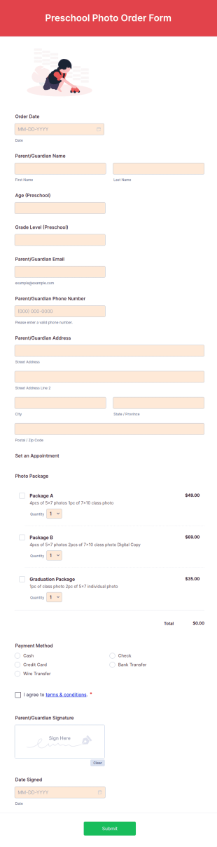 Preschool Photo Order Form Template