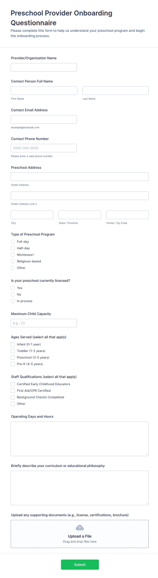 Preschool Provider Onboarding Questionnaire Form Template