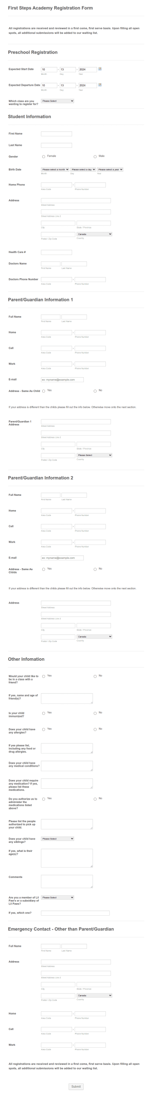 Preschool Registration Form Template