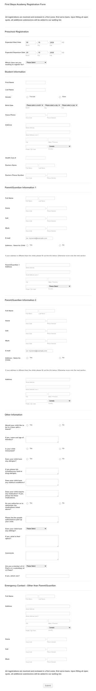 Preschool Registration Form Template