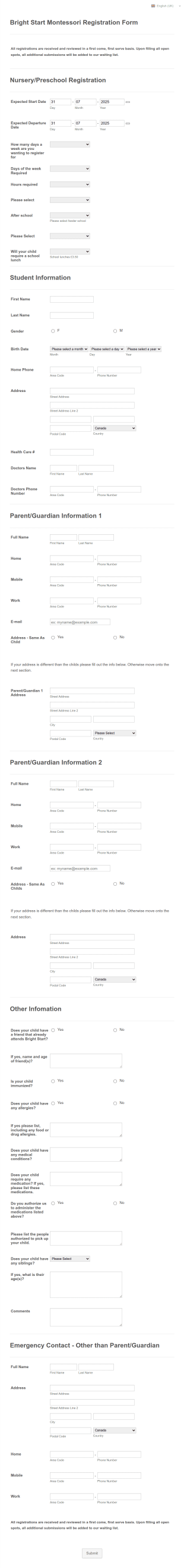 Preschool Registration Form Template