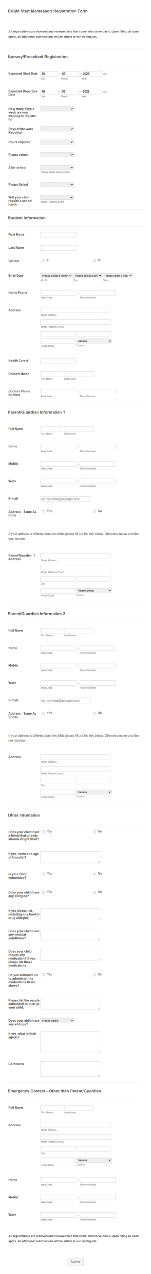 Preschool Registration Form Template