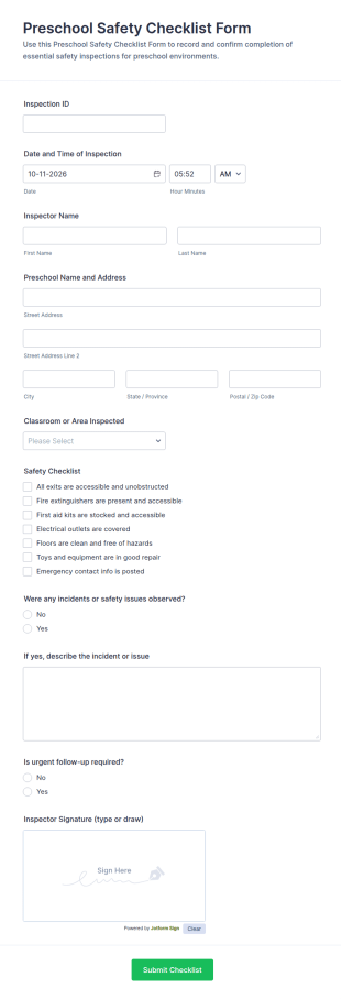 Preschool Safety Checklist Form Template