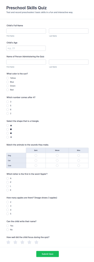 Preschool Skills Quiz Form Template