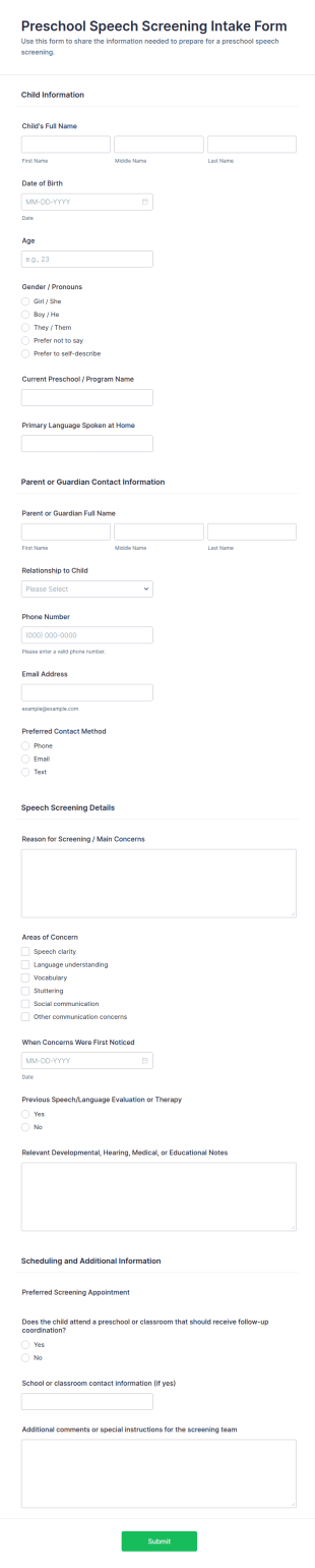 Preschool Speech Screening Intake Form Template