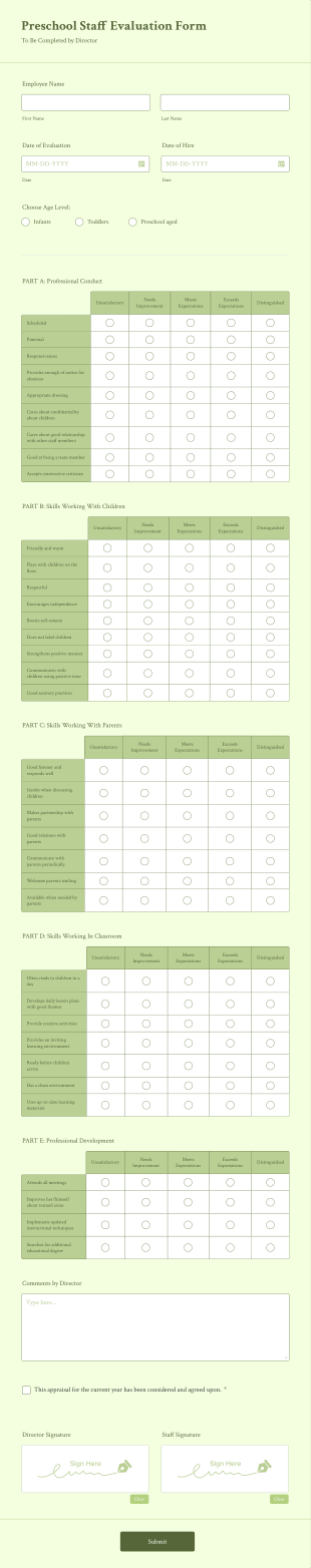 Preschool Staff Evaluation Form Template