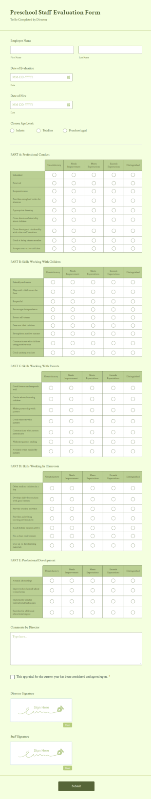 Preschool Staff Evaluation Form Template