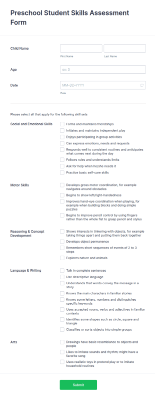 Preschool Student Skills Assessment Form Template