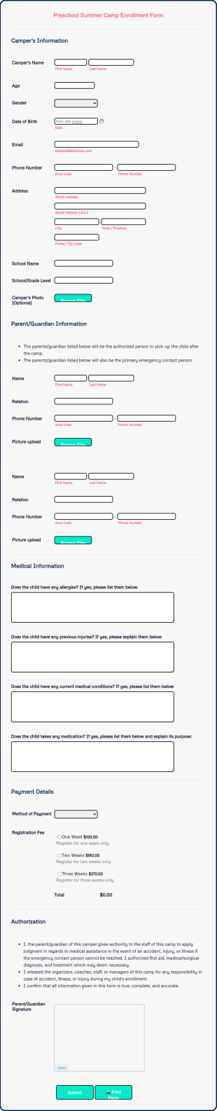 Preschool Summer Camp Enrollment Form Template
