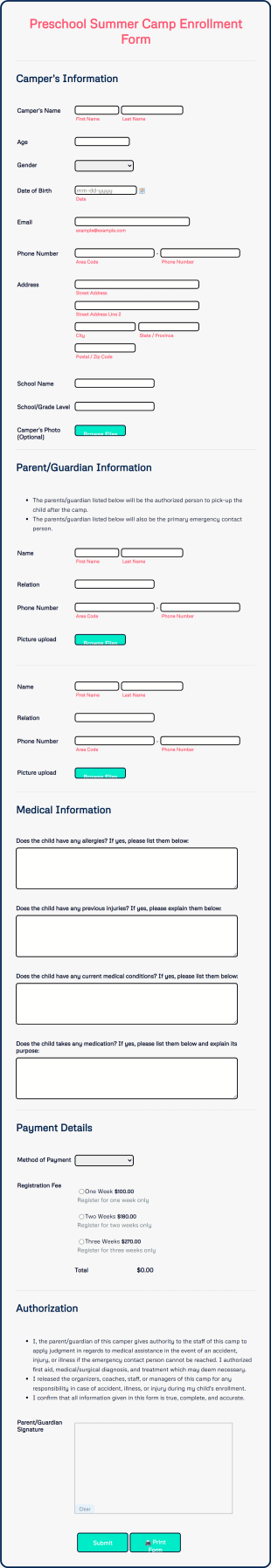 Preschool Summer Camp Enrollment Form Template