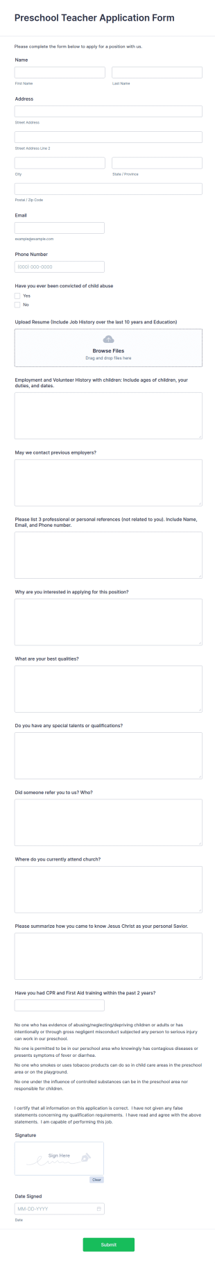 Preschool Teacher Application Form Template