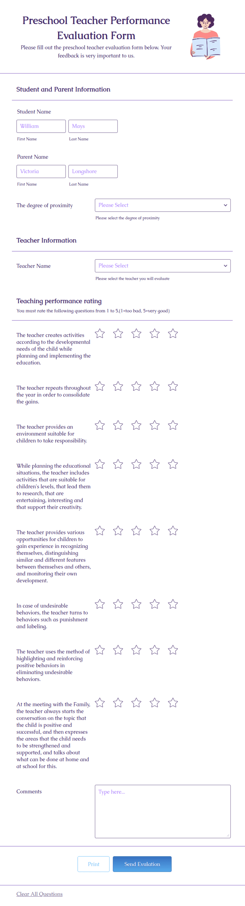 Preschool Teacher Performance Evaluation Form Template Jotform