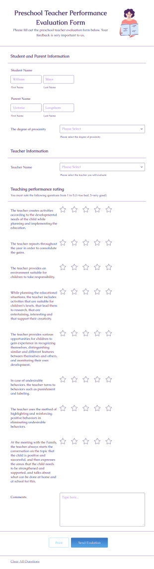 Preschool Teacher Performance Evaluation Form Template