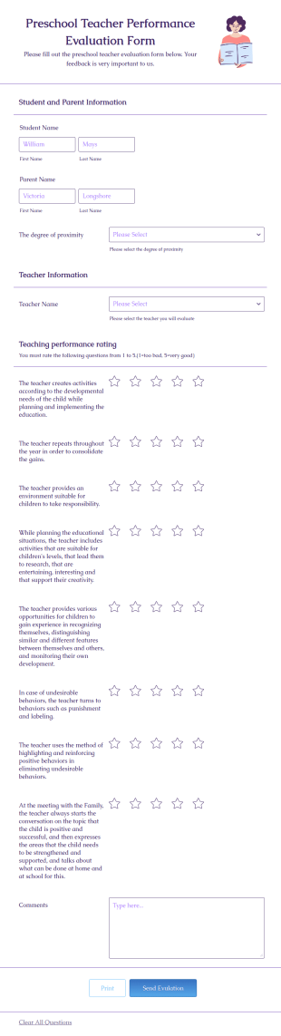 Preschool Teacher Performance Evaluation Form Template