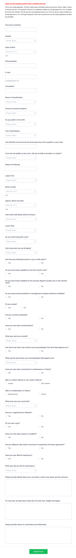 Prescreen Rental Questionnaire Form Template