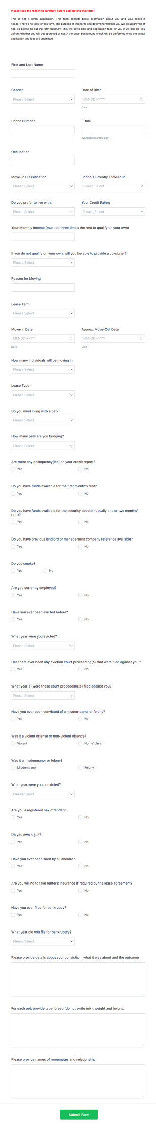 Prescreen Rental Questionnaire Form Template