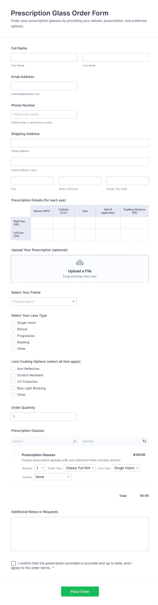 Prescription Glass Order Form Template