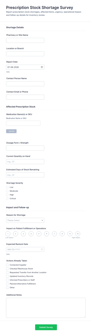 Prescription Stock Shortage Survey Form Template