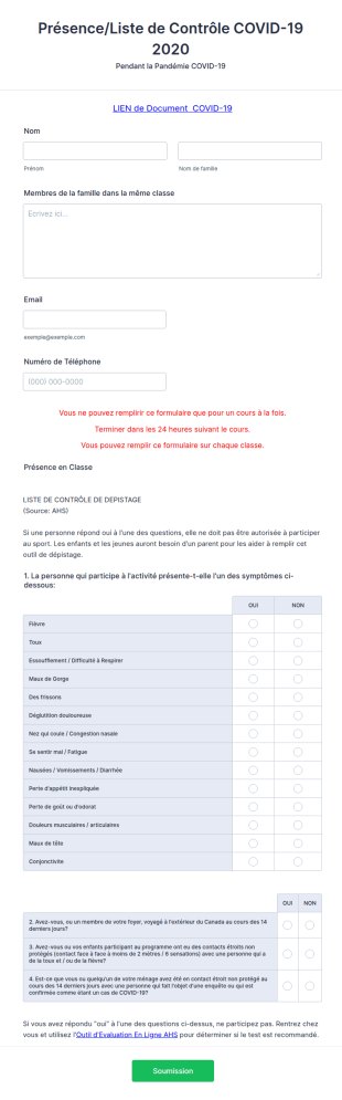 Présence/Liste De Contrôle COVID 19
