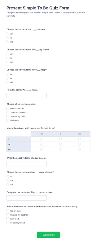 Present Simple To Be Quiz Form Template