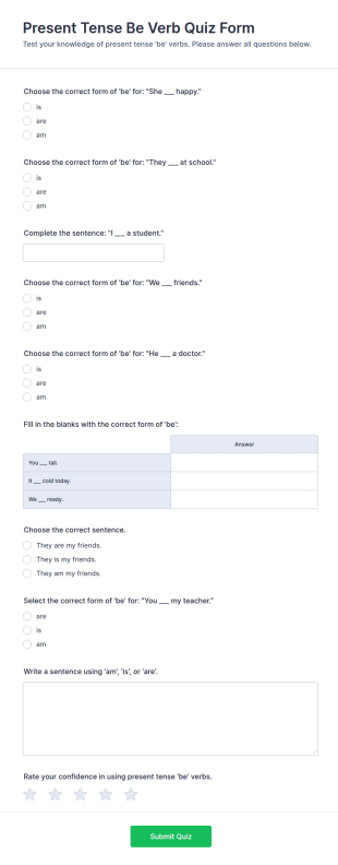 Present Tense Be Verb Quiz Form Template