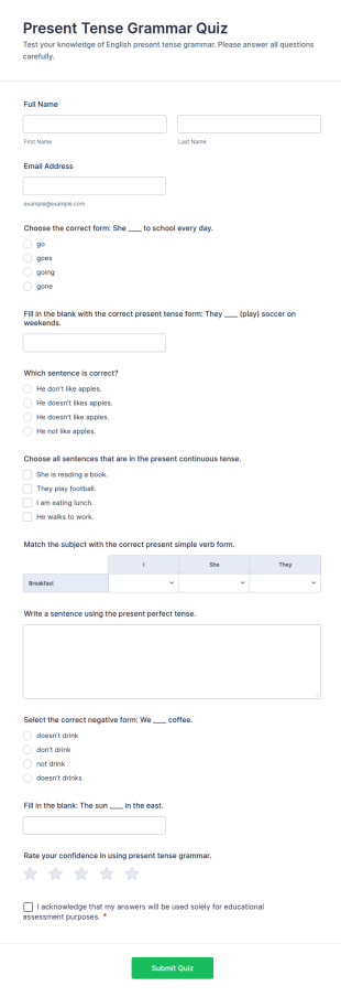 Present Tense Grammar Quiz Form Template