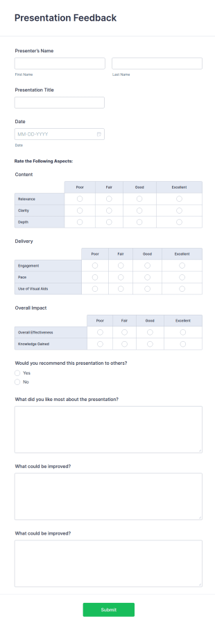 Presentation Feedback Form Template
