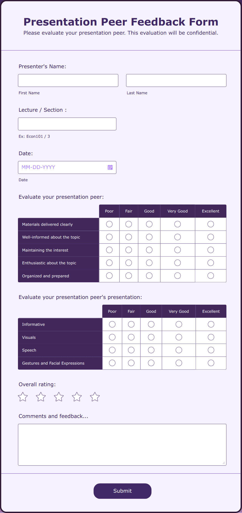 Presentation Peer Feedback Form Template | Jotform