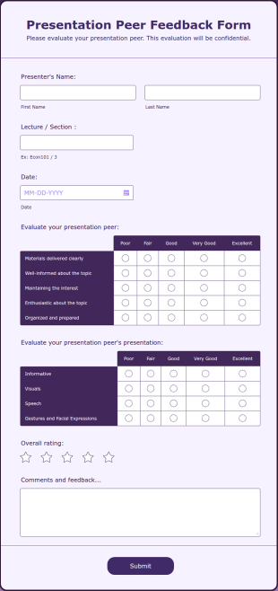 Presentation Peer Feedback Form Template
